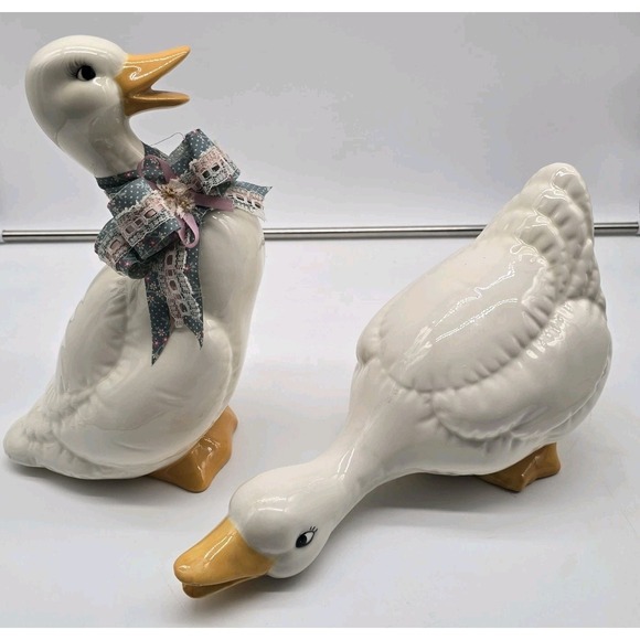 Other - Vtg 1987 Ceramic White Duck Ceramic Geese Goose Figurines Cottage Core Lot Of 2